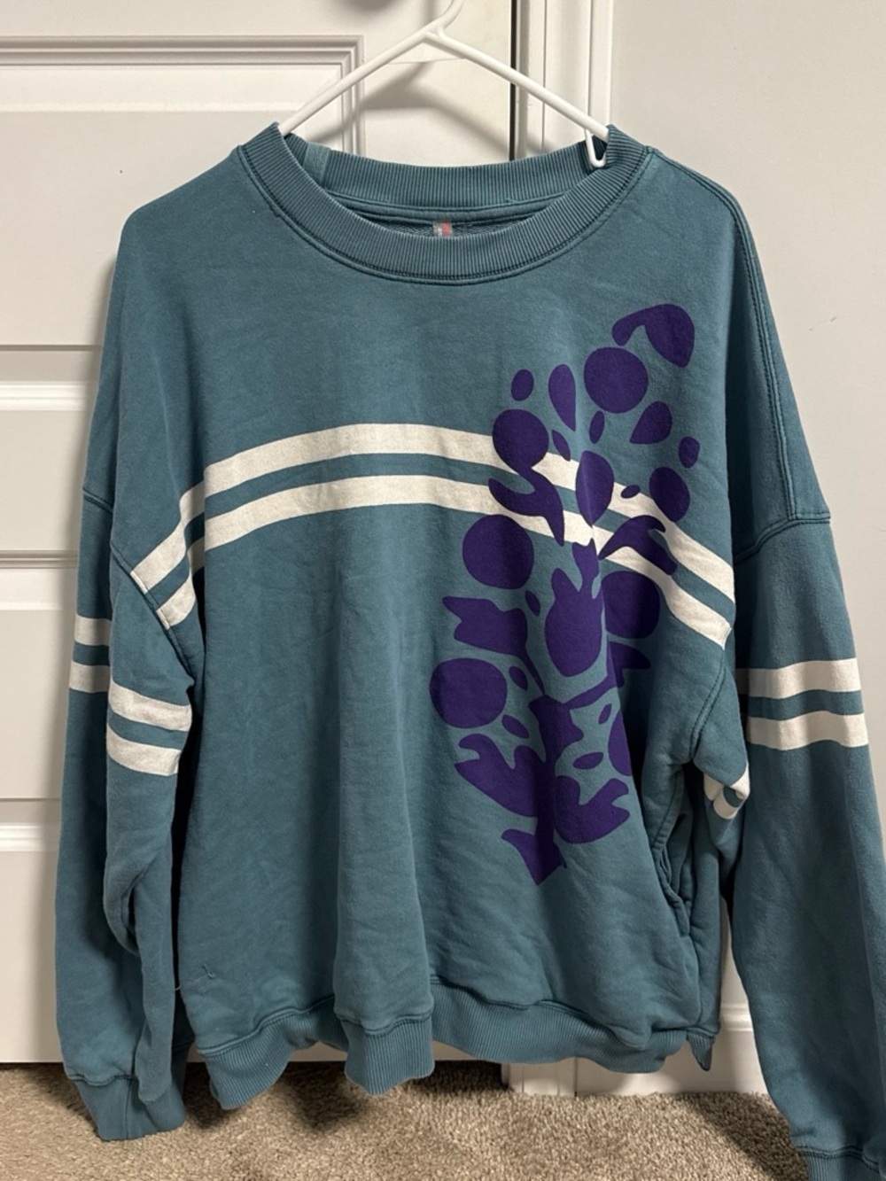 Free People Teal Crewneck Sweater with White Stripes and Purple Graphic